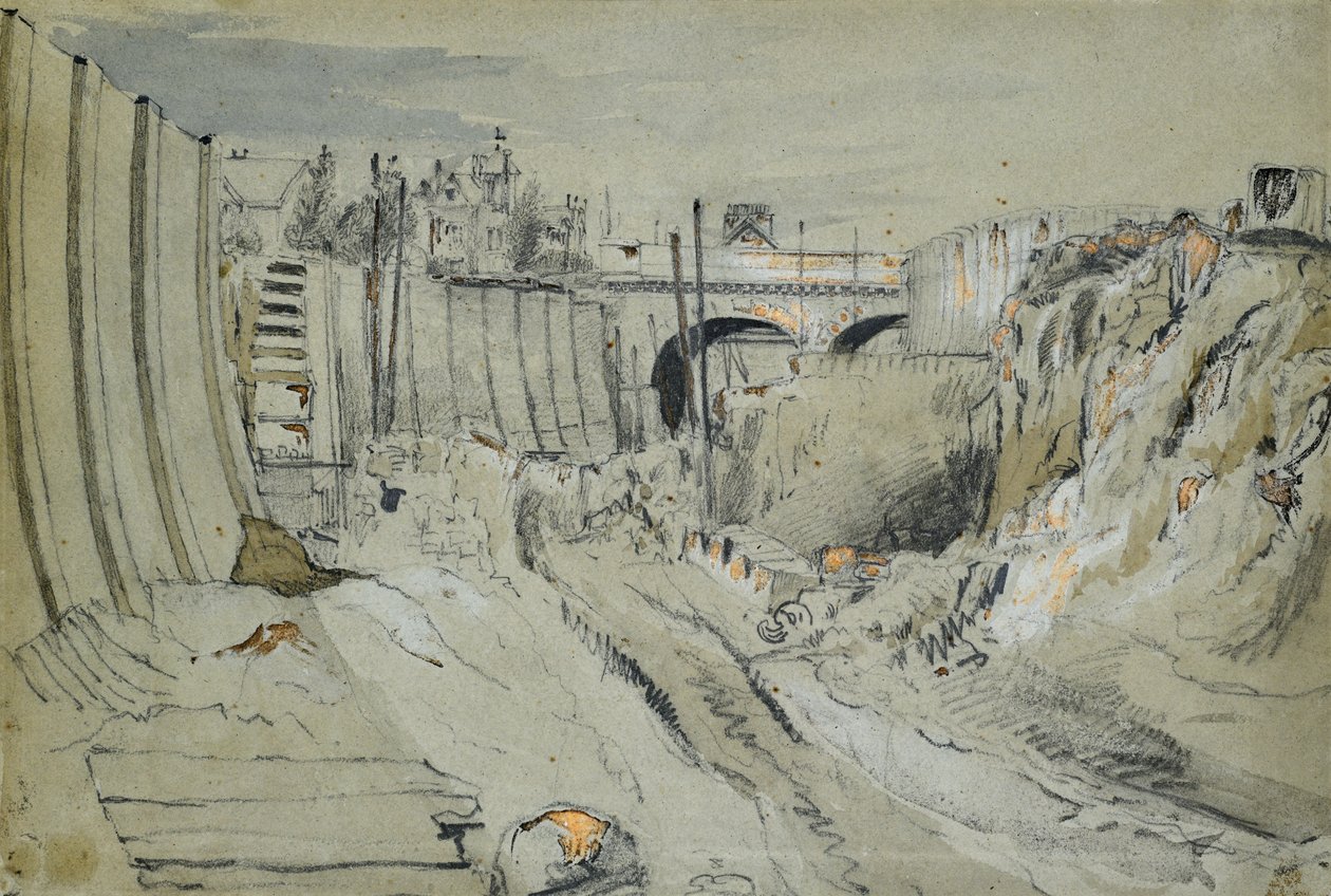 Lontoon ja Birminghamin rautatien rakentaminen, n. 1835 (kynä ja pesu paperille) tekijältä John Cooke Bourne