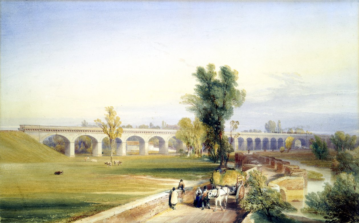 Dutch River Bridge, Hull and Doncaster Branch, North Eastern Railway, 1847 (kynä ja muste ja wc paperilla) tekijältä John Cooke Bourne
