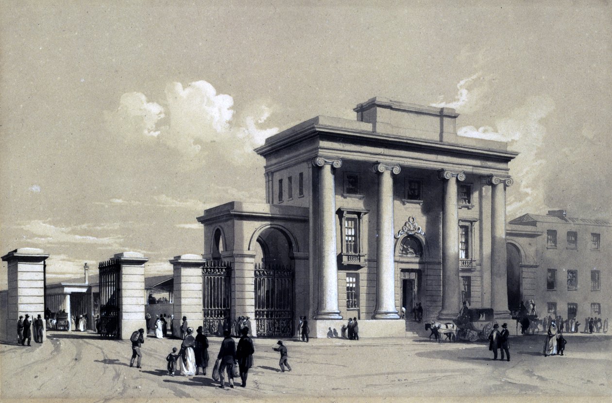 Sisäänkäynti Birminghamin asemalle, syyskuu 1838 (kynä ja muste ja pesu paperille) tekijältä John Cooke Bourne
