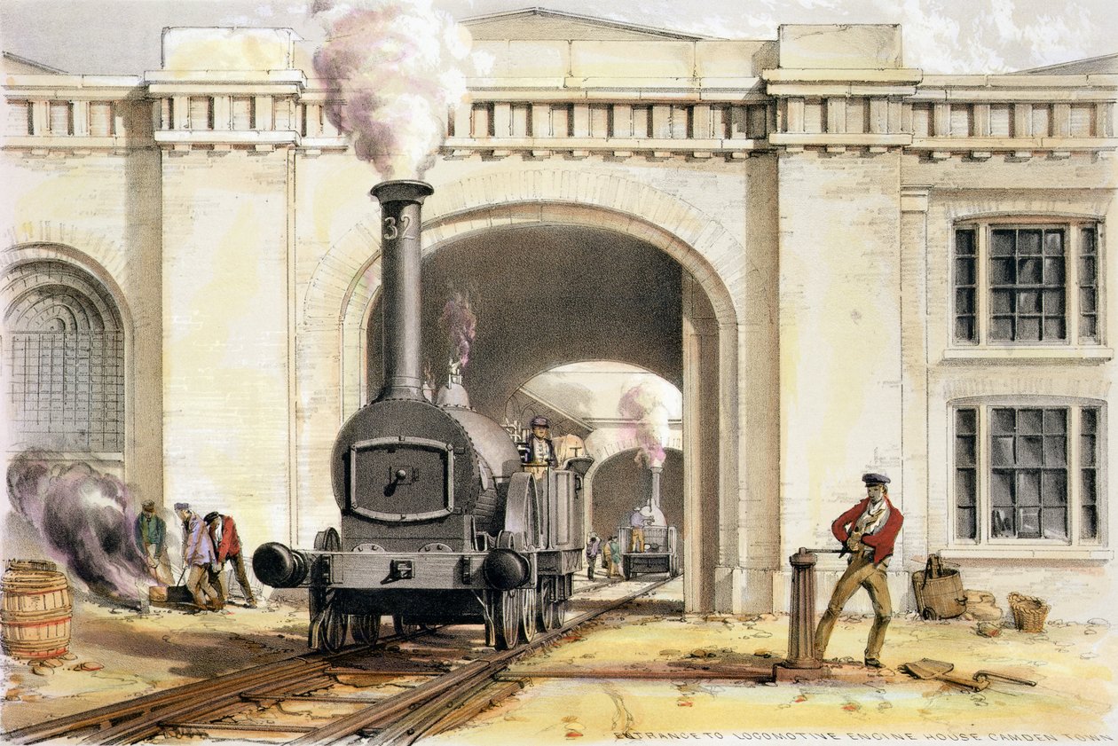 Camden Townin veturitalon sisäänkäynti, taiteilijan kaiverrus, 1839. tekijältä John Cooke Bourne
