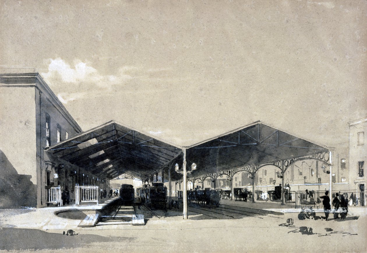 Euston Stationin sisustus, toukokuu 1837 (kynä ja muste ja pesu paperille) tekijältä John Cooke Bourne