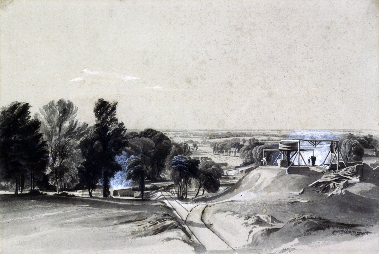 Ylhäältä, Kilsby Tunnel, Northamptonshire, 20. heinäkuuta 1837 (kynä ja muste ja pesu paperille) tekijältä John Cooke Bourne