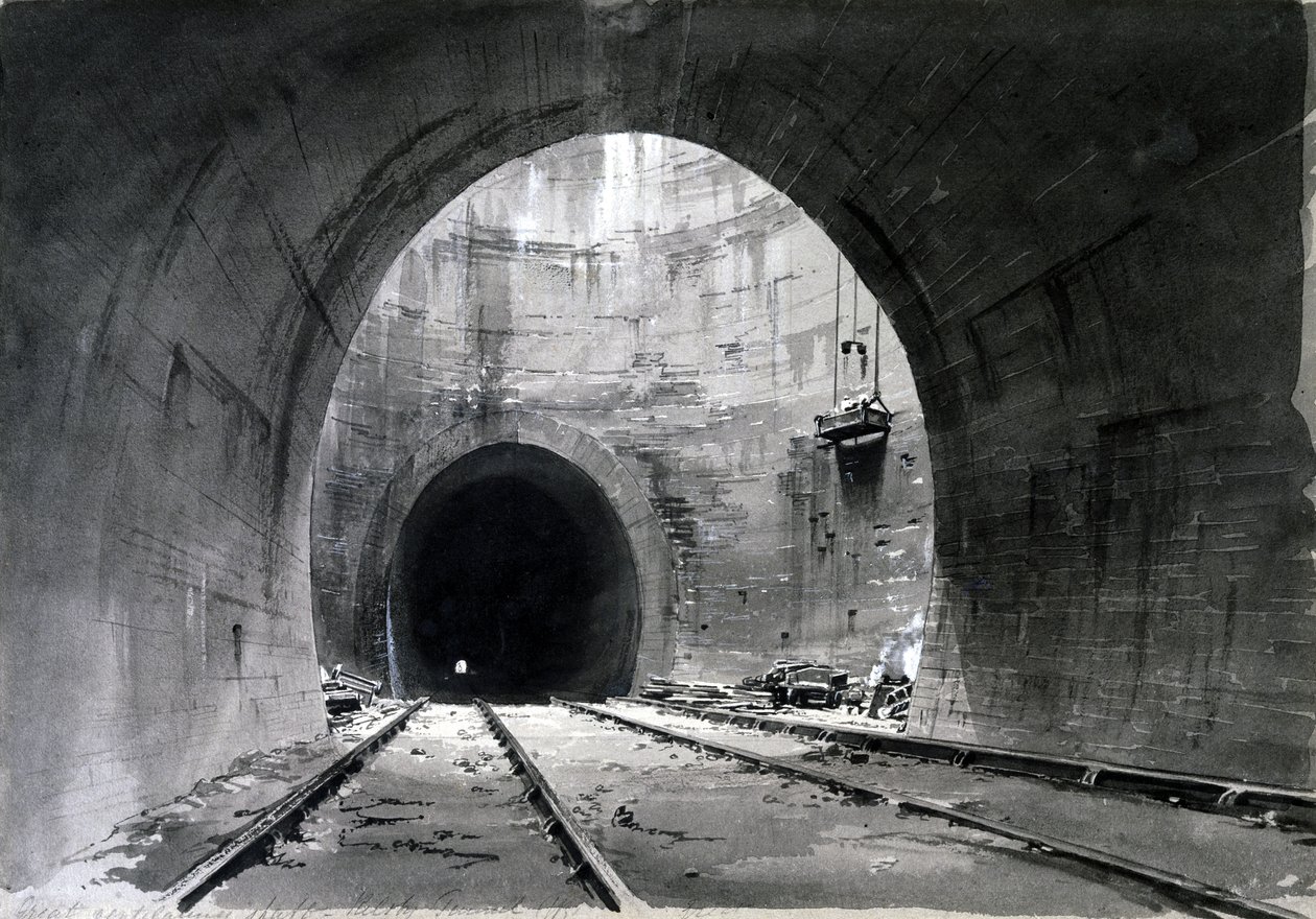 Suuri tuuletuskuilu, Kilsby Tunnel, Northamptonshire, 1837-38 (kynä ja muste ja pesu paperille) tekijältä John Cooke Bourne