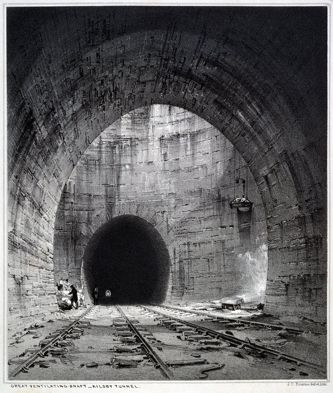 Suuri tuuletusakseli, Kilsby Tunnel, Northamptonshire, 1838 (kynä ja muste ja pesu paperille) tekijältä John Cooke Bourne