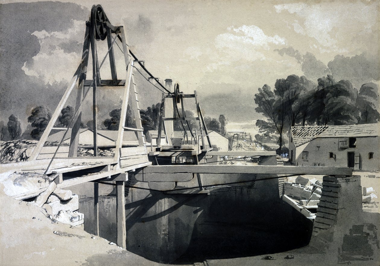 Suuri tuuletusvarsi ja päähine, Kilsby Tunnel, 15. heinäkuuta 1837 (kynä ja muste ja pesu paperille) tekijältä John Cooke Bourne