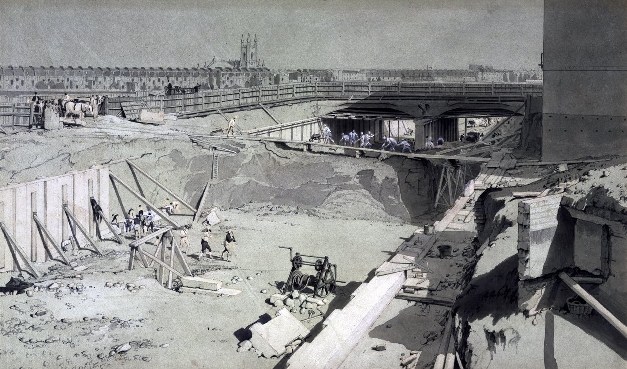 Hampstead Road Bridge, Camdenin puolelta, 16. elokuuta 1836 (kynä ja muste ja pesu paperille) tekijältä John Cooke Bourne