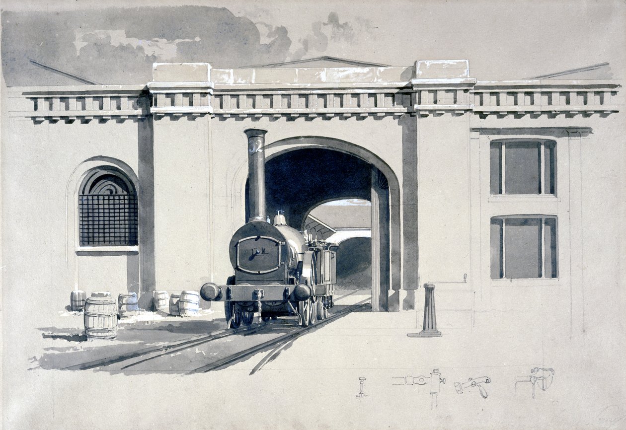 Locomotive Engine House, Camden Town, 1839 (kynä ja muste ja pesu paperille) tekijältä John Cooke Bourne