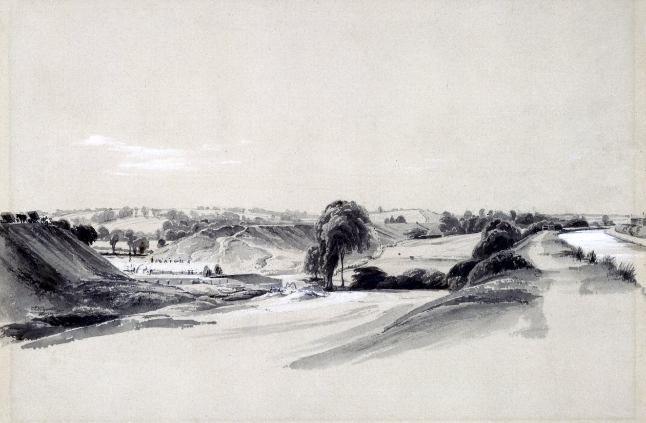 Valmistus ja pengerrys, Bugbrooke, 10. heinäkuuta 1837 (kynä ja muste ja pesu paperille) tekijältä John Cooke Bourne