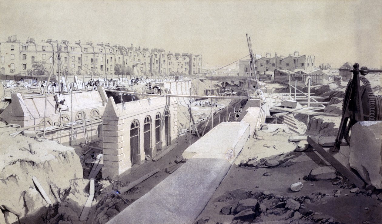 Mornington Crescent - Line rakenteilla, syyskuu 1836 (kynä ja muste ja pesu paperille) tekijältä John Cooke Bourne
