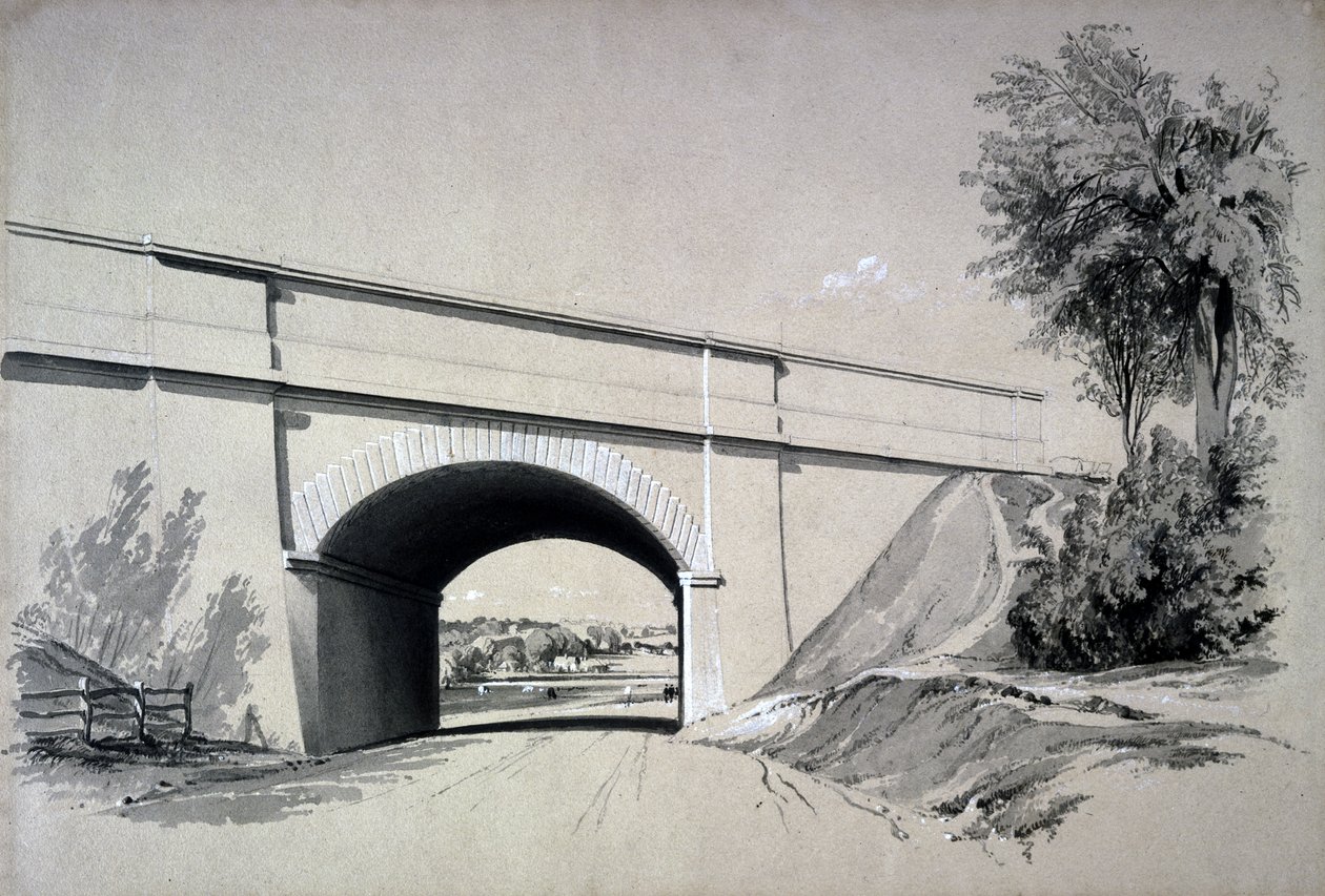 Oblique Bridge, Boxmoor, Hertfordshire, 12. kesäkuuta 1837 (kynä ja muste ja pesu paperille) tekijältä John Cooke Bourne