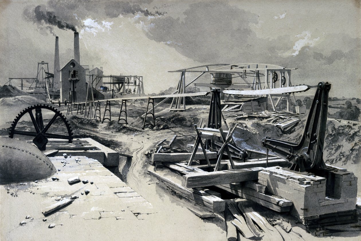 Pumput, tuuletusakseli, Kilsby Tunnel, Northamptonshire, 15. heinäkuuta 1837 (kynä ja muste ja pesu paperille) tekijältä John Cooke Bourne