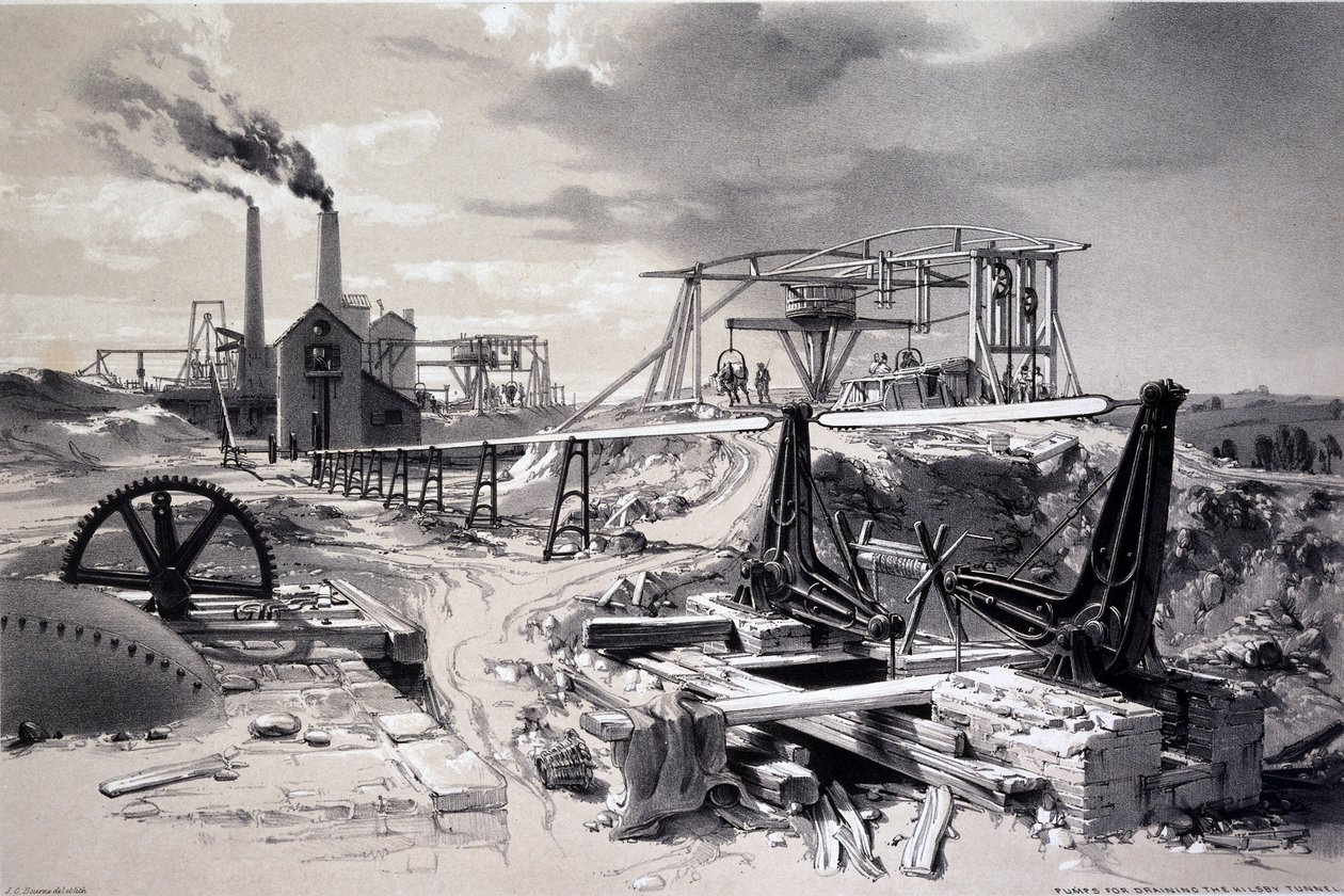 Pumput, tuuletusakseli, Kilsby Tunnel, Northamptonshire, 15. heinäkuuta 1837 (kynä ja muste ja pesu paperille) tekijältä John Cooke Bourne