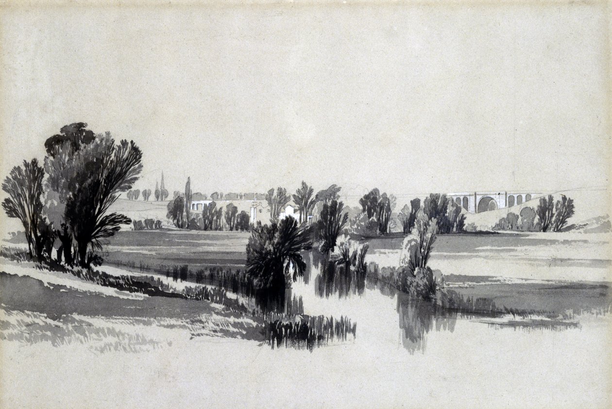 Sowe-joki, lähellä Coventryä, toukokuu 1839 (kynä ja muste ja pesu paperille) tekijältä John Cooke Bourne