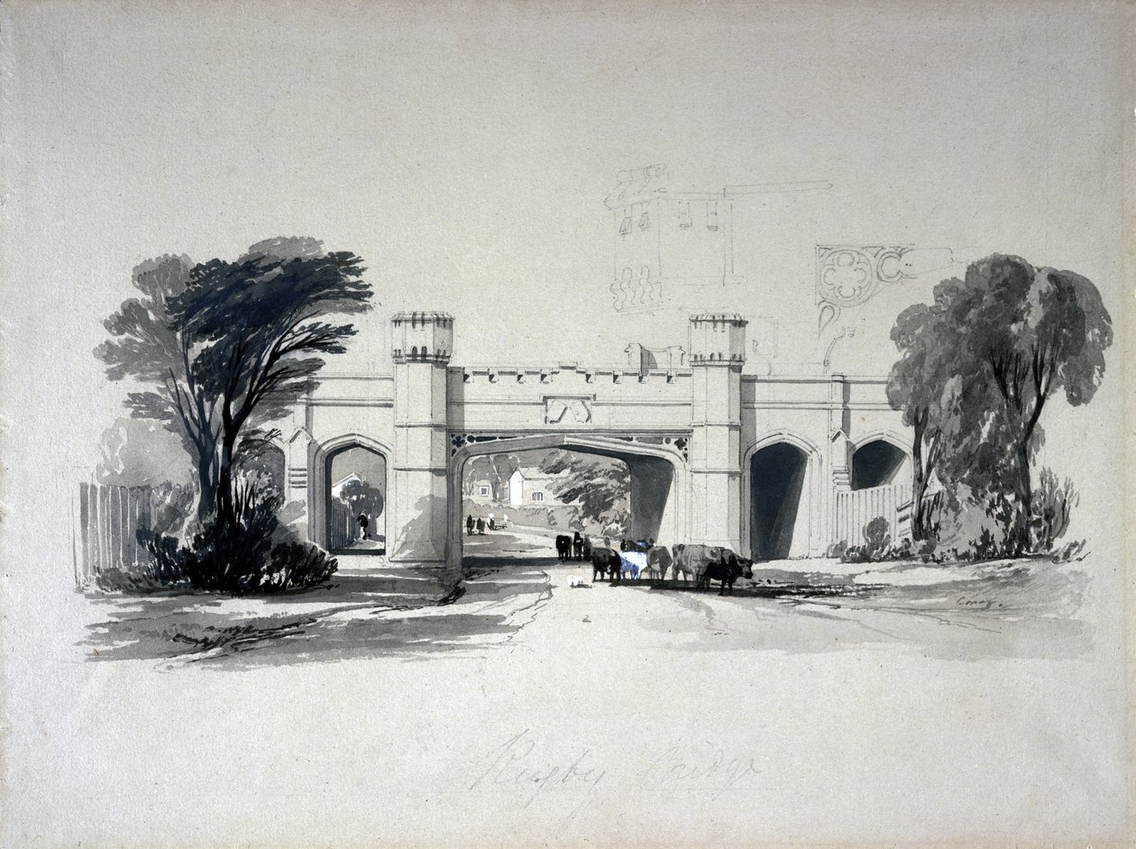 Rugbyn rautatiesillat tieltä katsottuna, Warwickshire, huhtikuu 1839 (kynä ja muste ja pesu paperille) tekijältä John Cooke Bourne