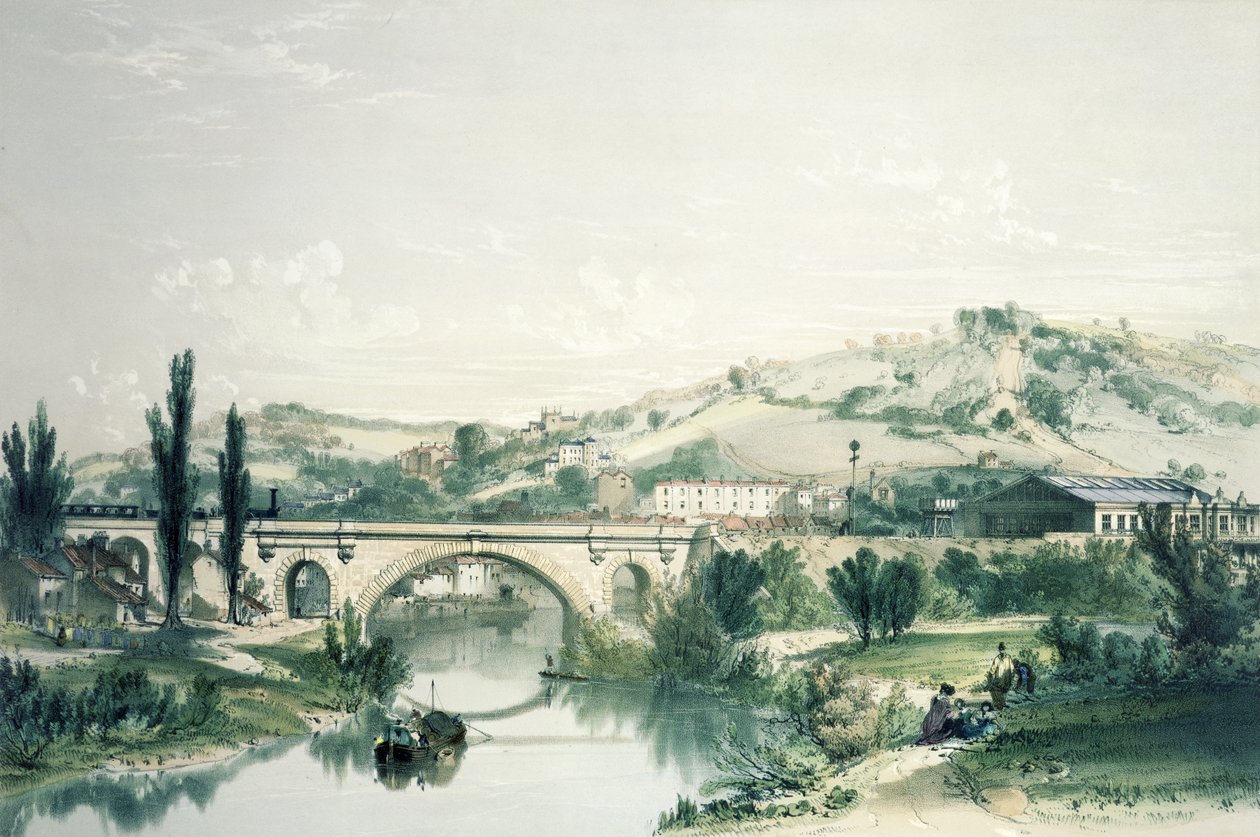St. Jamesin silta ja asema, Bath (väri litho) tekijältä John Cooke Bourne