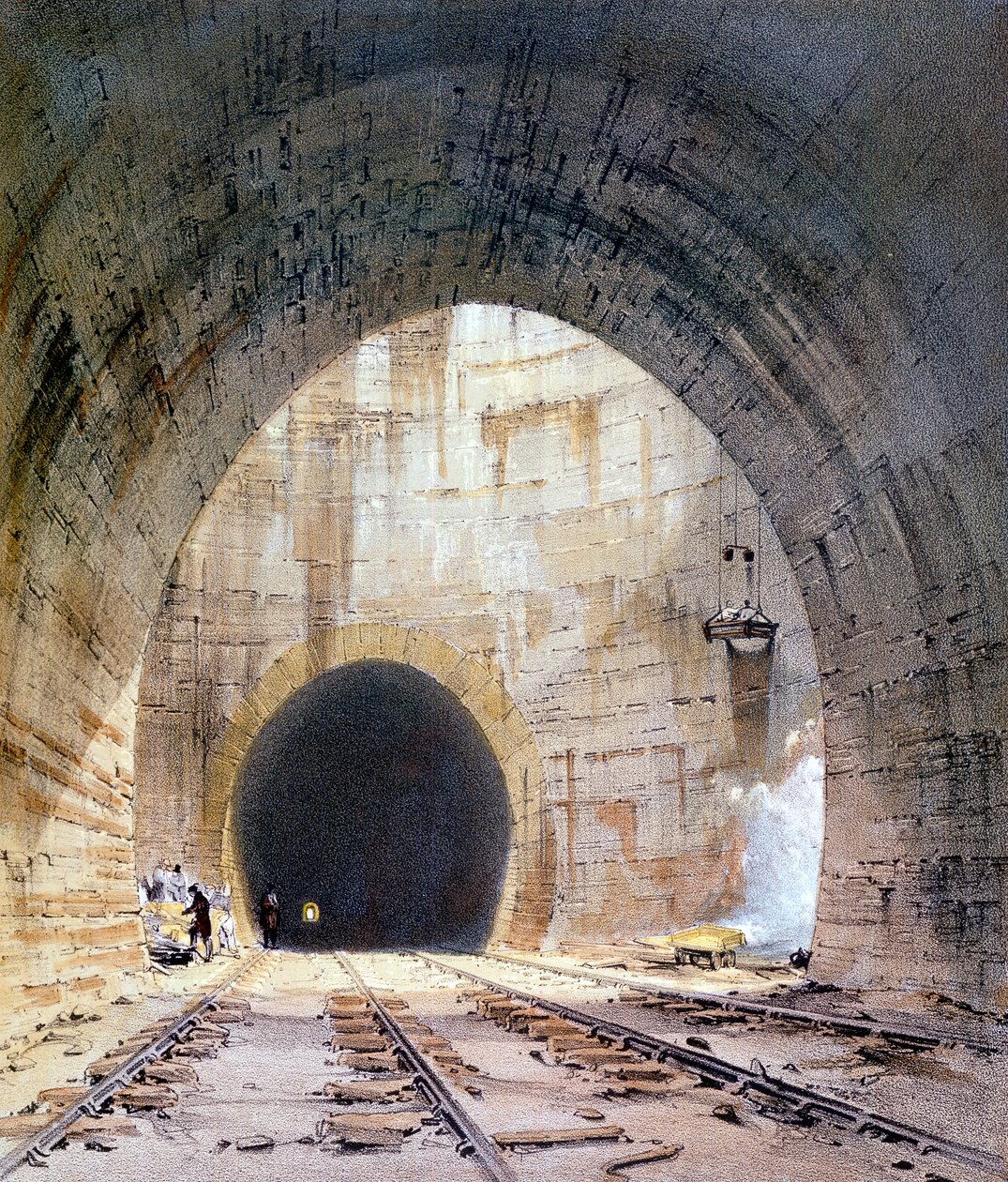 Ilmanvaihtokuilu Kilsbyn tunnelissa, Northamptonshire, Lontoo & Birmingham Railway, 1839 tekijältä John Cooke Bourne