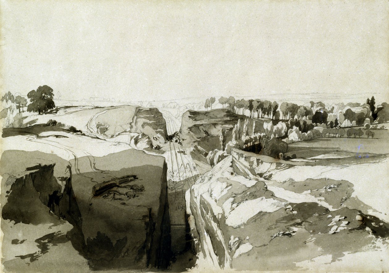 Näkymä tunnelin huipulta, Linslade, Buckinghamshire, 12. lokakuuta 1837 (kynä ja muste ja pesu paperille) tekijältä John Cooke Bourne