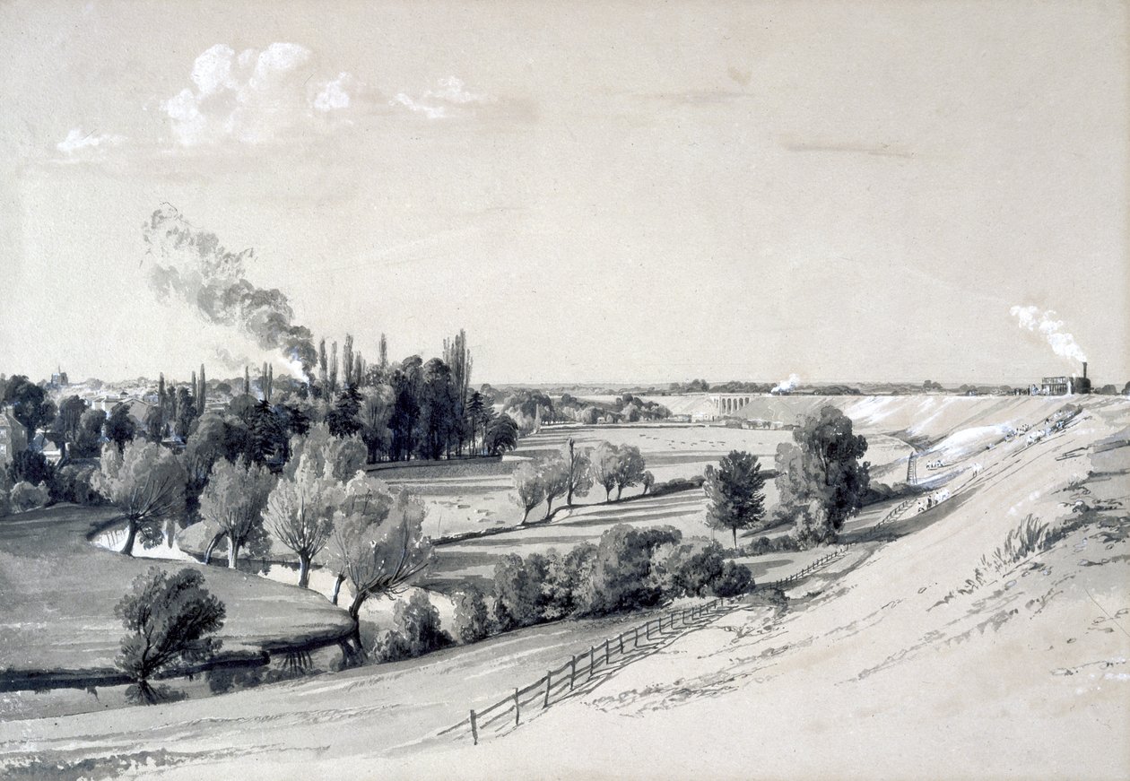 Watford Embankment, Hertfordshire, 29. lokakuuta 1837 (kynä ja muste ja pesu paperille) tekijältä John Cooke Bourne