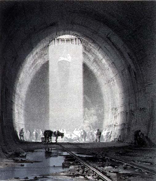 Työakseli, Kilsbyn tunneli, 8. heinäkuuta 1837, taiteilijan kaiverrus tekijältä John Cooke Bourne
