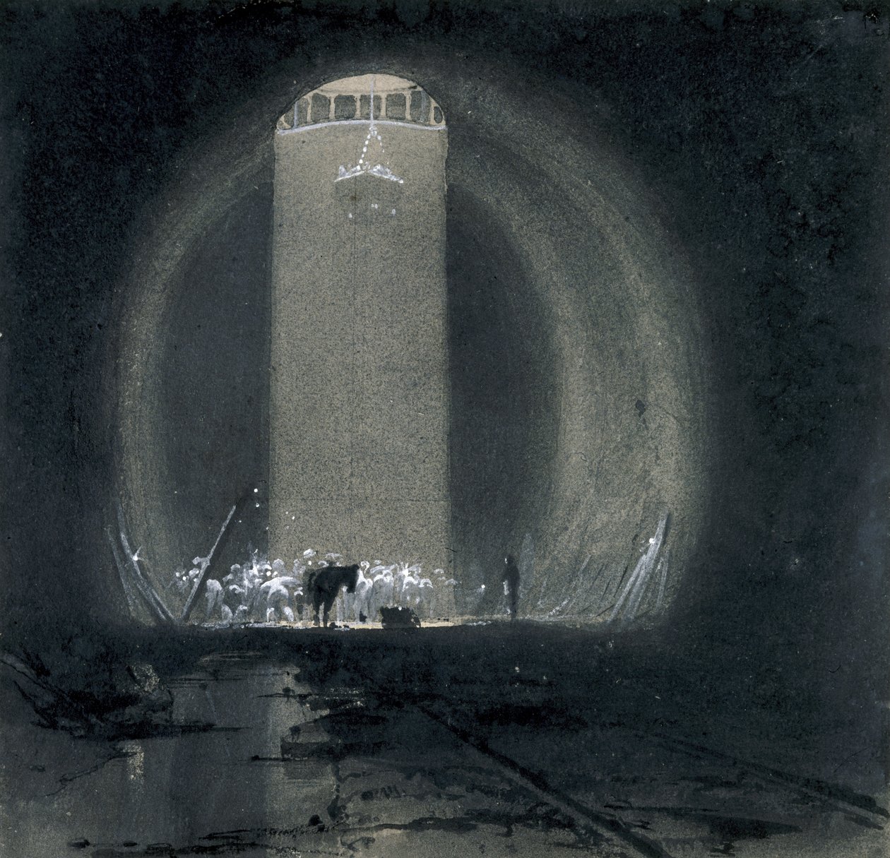 Työskentelyakseli, Kilsby Tunnel, Northamptonshire, 8. heinäkuuta 1837 (kynä ja muste ja pesu paperille) tekijältä John Cooke Bourne