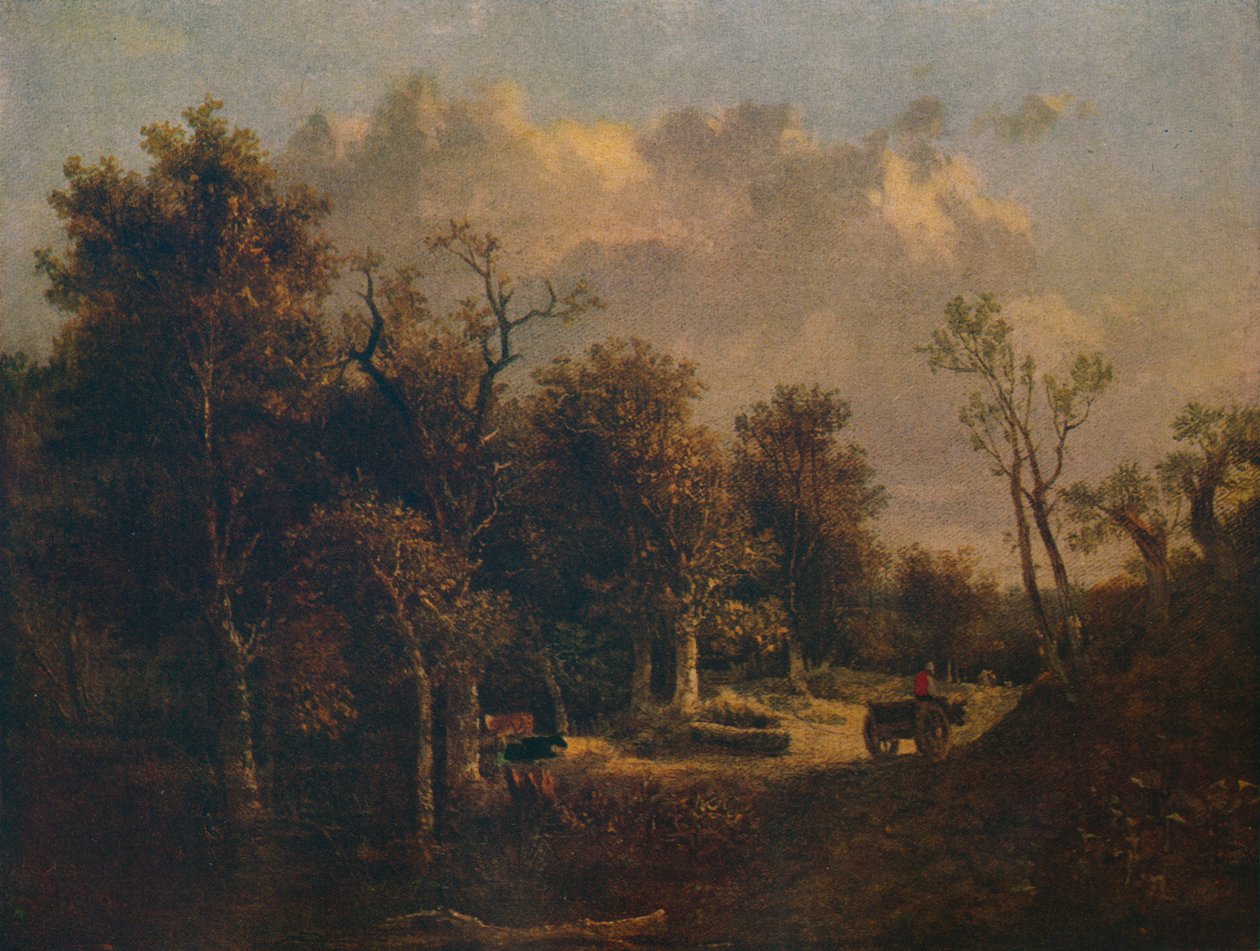 Metsän reuna, maatilan kärryt ja karja, n. 1811 tekijältä John Crome