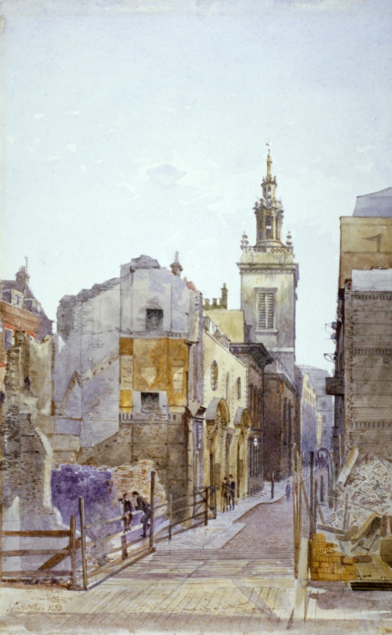 College Hill ja St Michael Paternoster Royal -kirkko, Lontoon kaupunki, 1883 tekijältä John Crowther