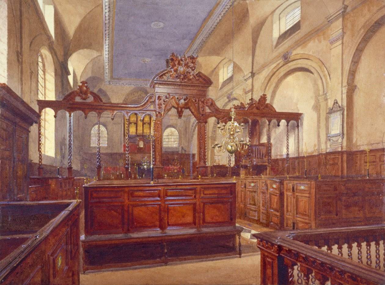 Lontoon Cityssä sijaitsevan All Hallows the Greatin kirkon sisustus, 1884. tekijältä John Crowther
