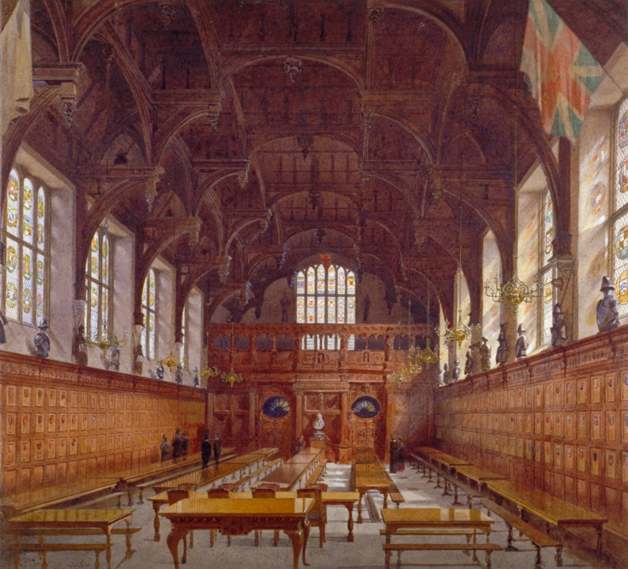 Sisäkuva Middle Temple Hallista korkeasta pöydästä hahmoineen, Lontoo, 1884 tekijältä John Crowther