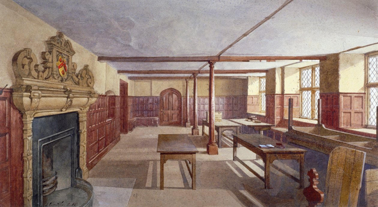 Sisäkuva poikien ruokasalista Charterhousessa, Lontoossa, 1885. tekijältä John Crowther