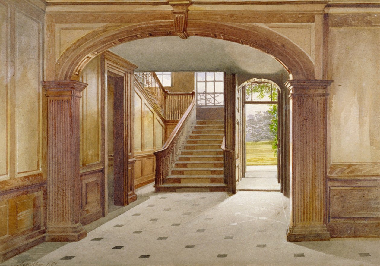 Sisäkuva, jossa näkyy portaikko Fairfax Housessa, High Street, Putney, Lontoo, 1887 tekijältä John Crowther