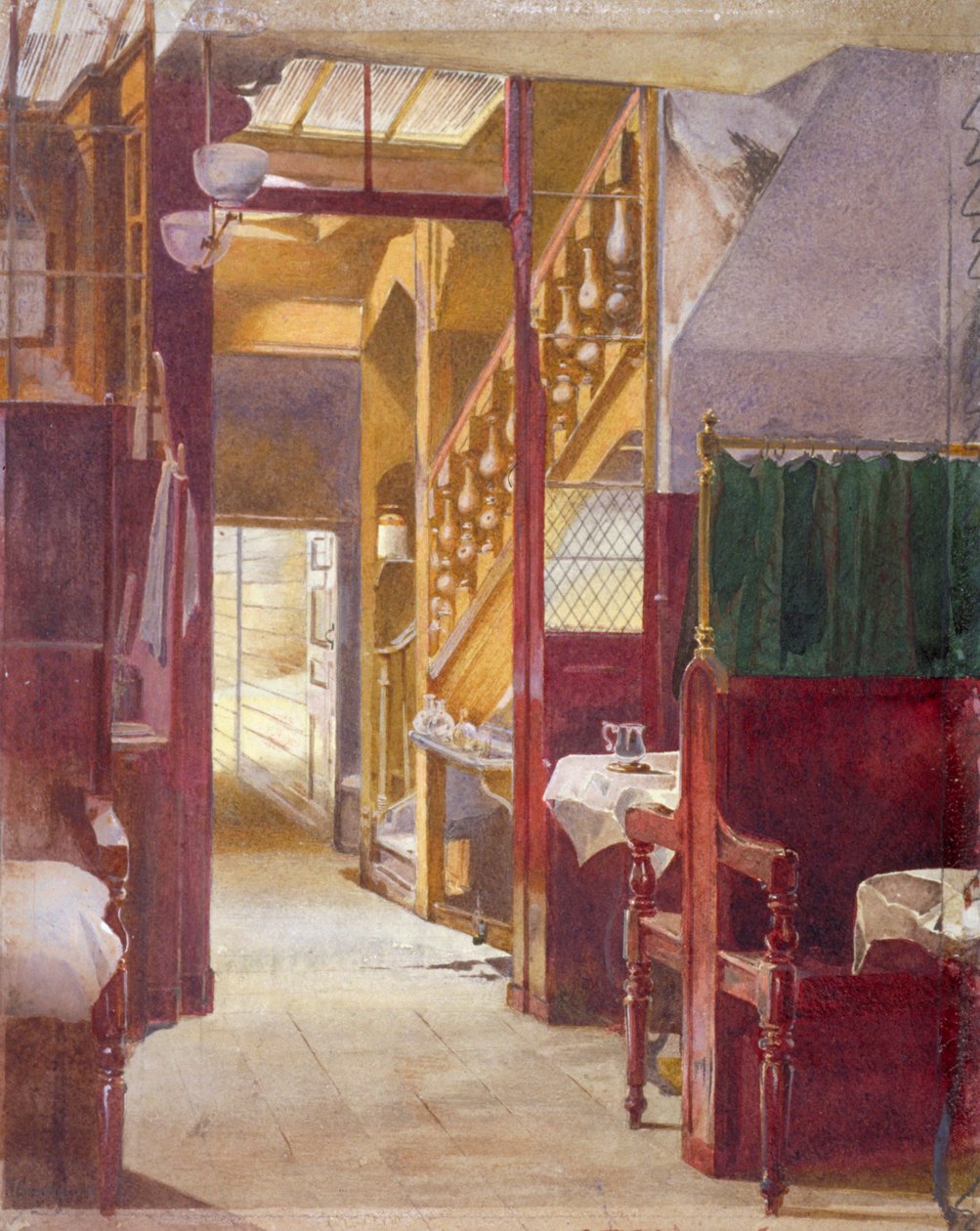Sisäkuva, jossa näkyy portaikko Cock Tavernissa, Fleet Street, Lontoon kaupunki, 1881 tekijältä John Crowther