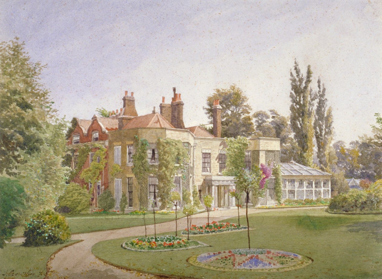Raleigh Housen etusisäänkäynti ja puutarha, Brixton Hill, Lambeth, Lontoo, 1887 tekijältä John Crowther
