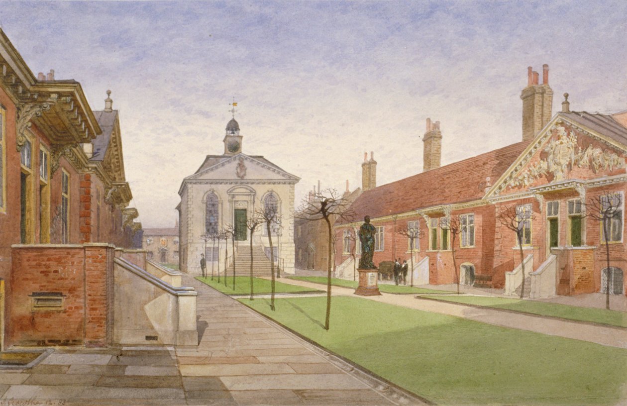 Trinity Almshouses ja Trinity Chapel, Mile End Road, Stepney, Lontoo, 1883 tekijältä John Crowther