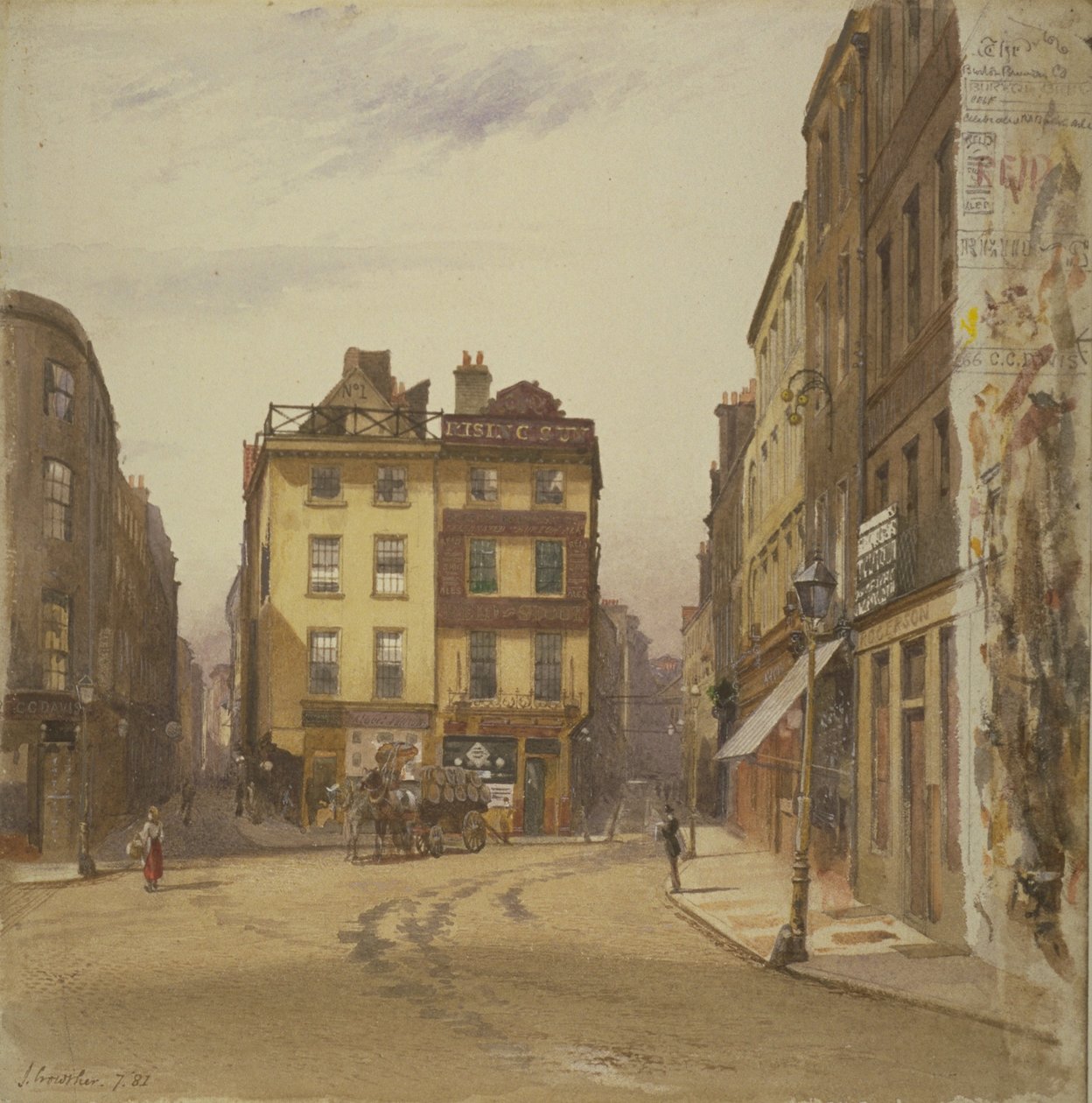 Näkymä Wych Streetiltä ja Holywell Streetiltä, Westminster, jossa näkyy Rising Sun Tavern, 1881 (wc paperille) tekijältä John Crowther