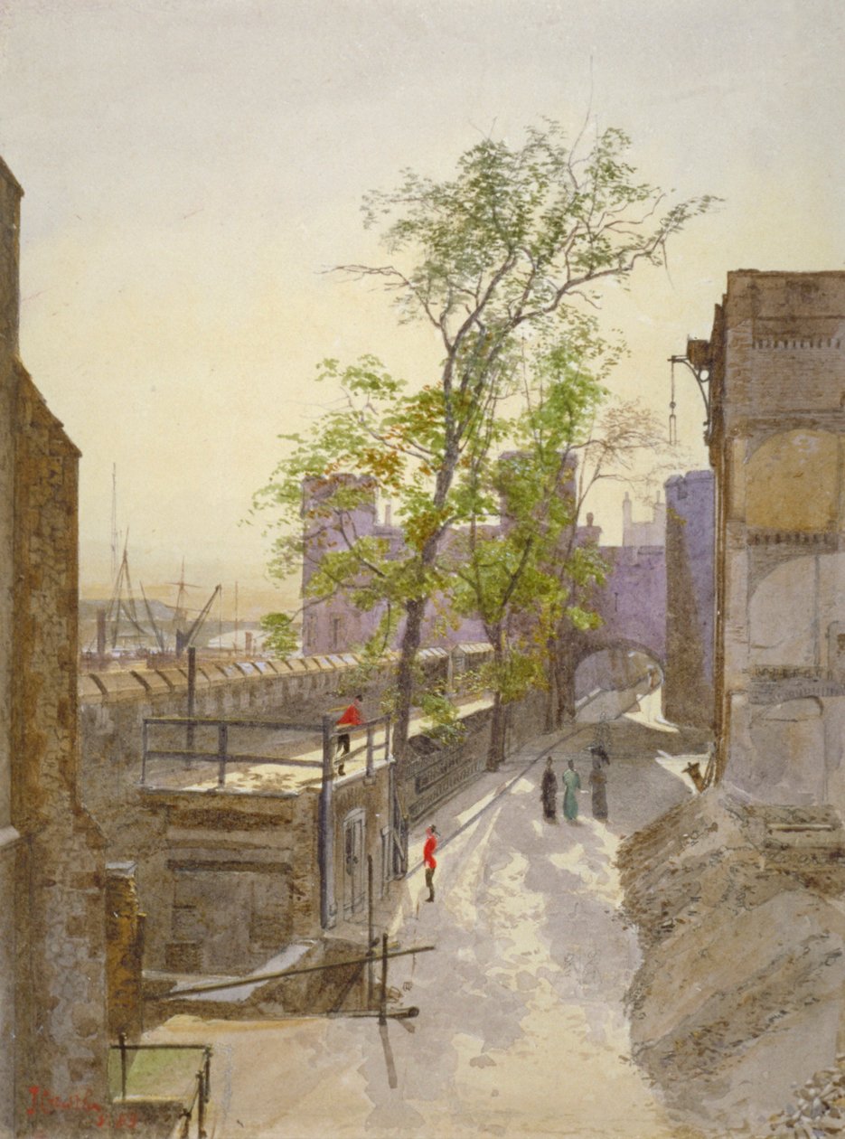 Näkymä varastotiloista länteen Cradle Towerista, Tower of London, Stepney, Lontoo, 1883 tekijältä John Crowther