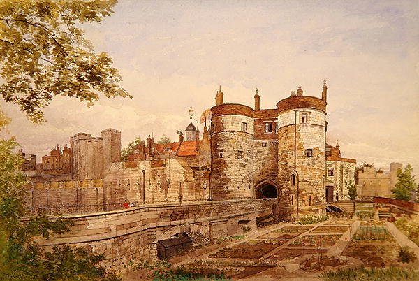 Näkymä Lontoon Towerista, jossa näkyy Byward Tower, Beauchamp Tower, Devereux Tower ja St. Thomas Tower tekijältä John Crowther