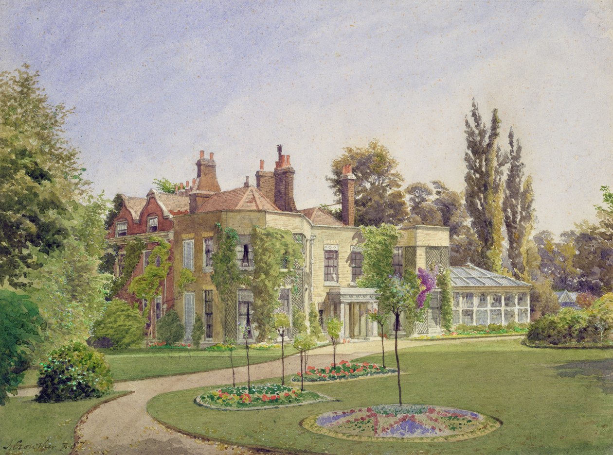 Näkymä Raleigh Housen etusäänkäynnistä ja puutarhasta, Brixton Hill, Lambeth, 1887 tekijältä John Crowther