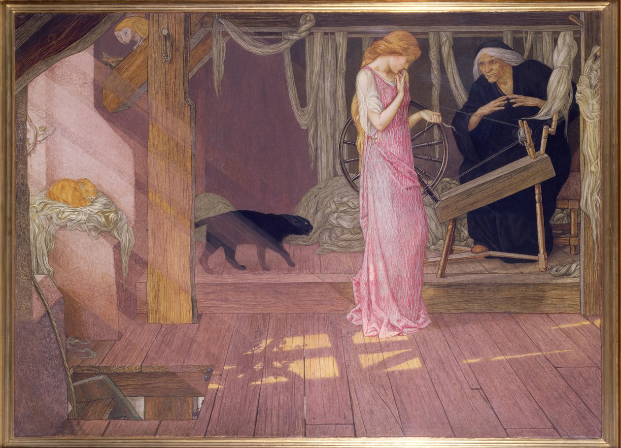 Prinsessa oleva kaunotar: Prinsessa pistelee sormeaan (tempera) tekijältä John Dickson Batten