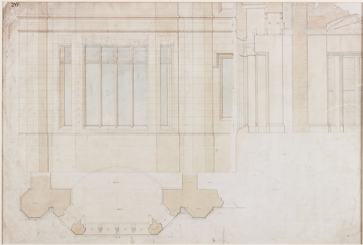 Design for Window at Holme Eden (kynä ja muste ja pesu (sininen ja ruskea) paperille (paperille)) tekijältä John Dobson
