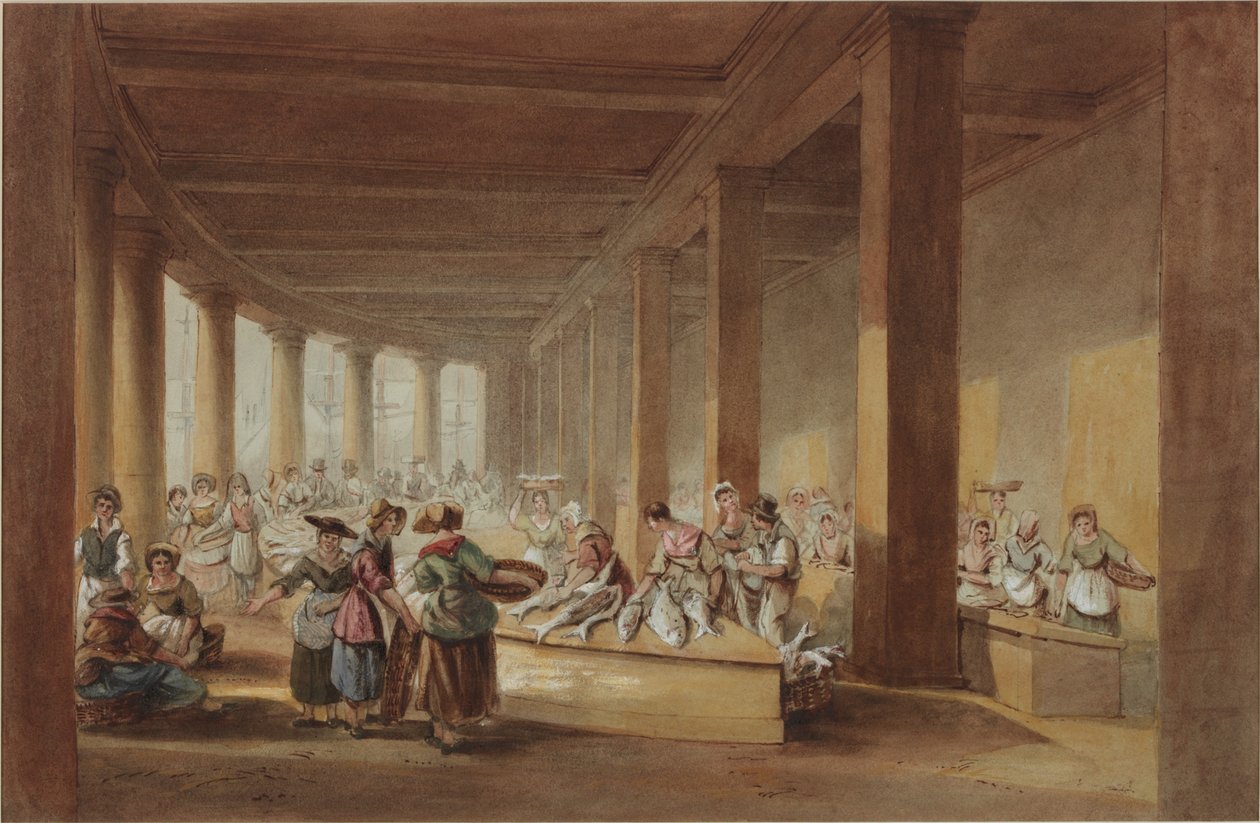 Old Fish Market, Sandhill, Newcastle upon Tyne (bc, kynä ja muste paperille) tekijältä John Dobson
