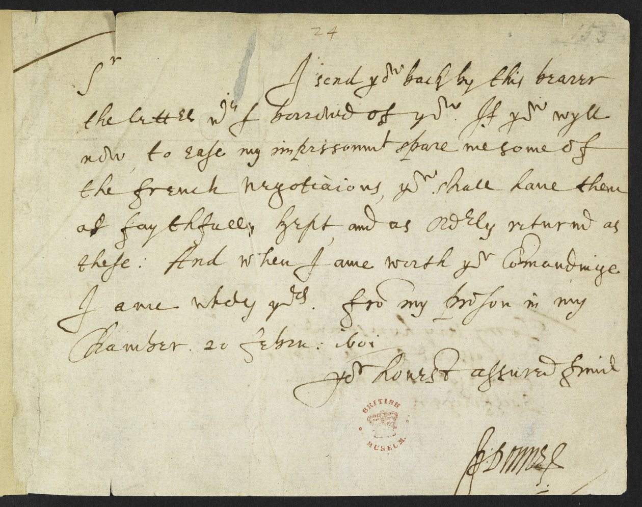 Cotton Julius C. III, f.153 John Donnen nimikirjoituskirje Sir Robert Cottonille, kirjoitettu vankilasta, 20. helmikuuta 1601 (muste paperille) tekijältä John Donne