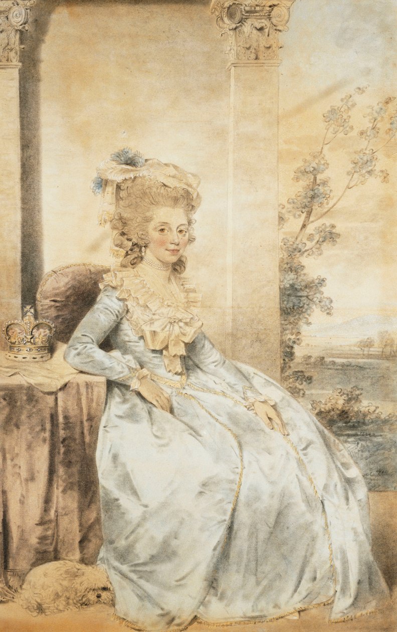 Kuningatar Charlotten muotokuva pöydän ääressä, jonka takana on maisema, 1784 tekijältä John Dowman