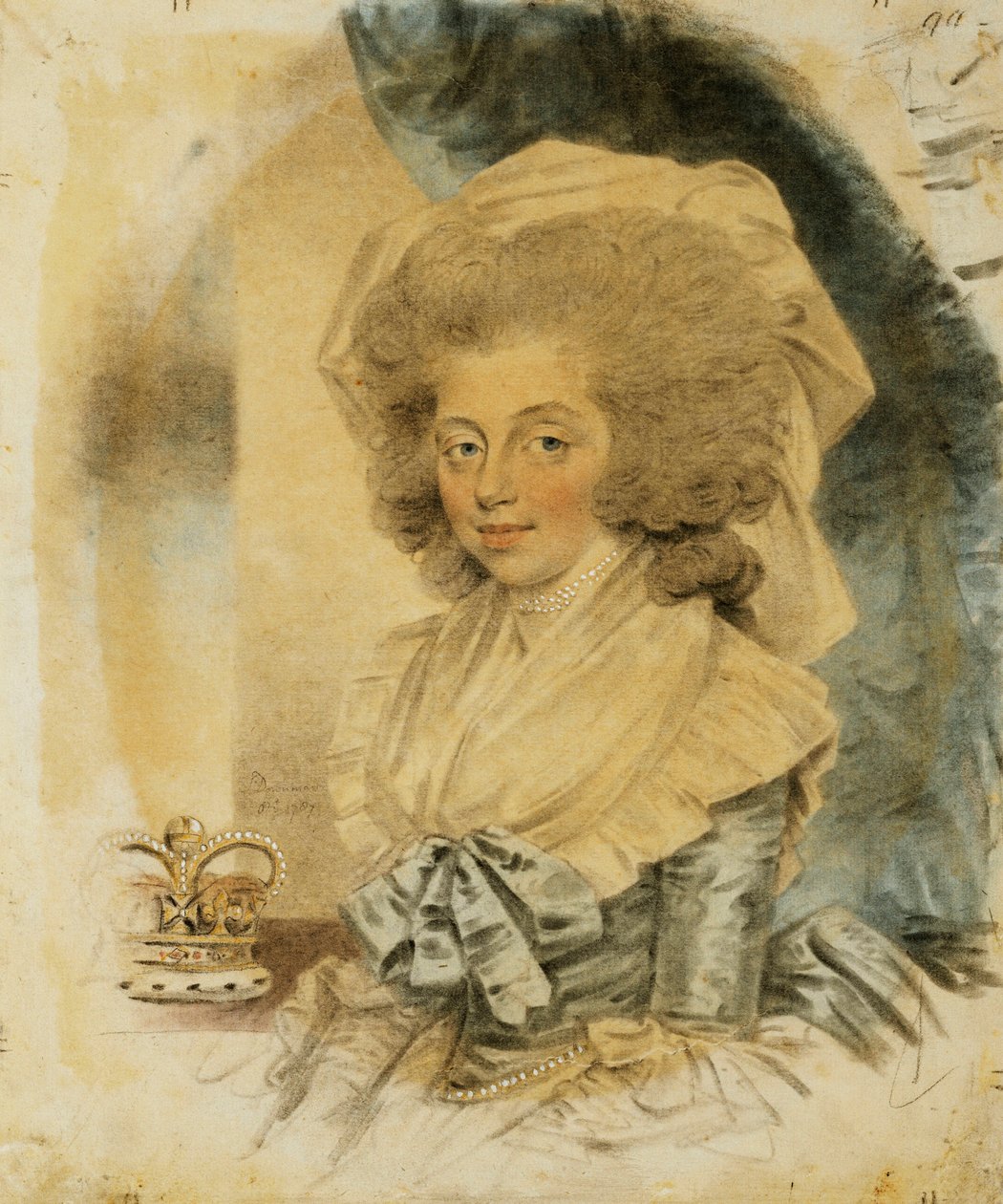 Kuningatar Charlotten muotokuva, pieni puolipitkä, yllään sinivalkoinen mekko, kruunu vieressään, 1787 tekijältä John Dowman
