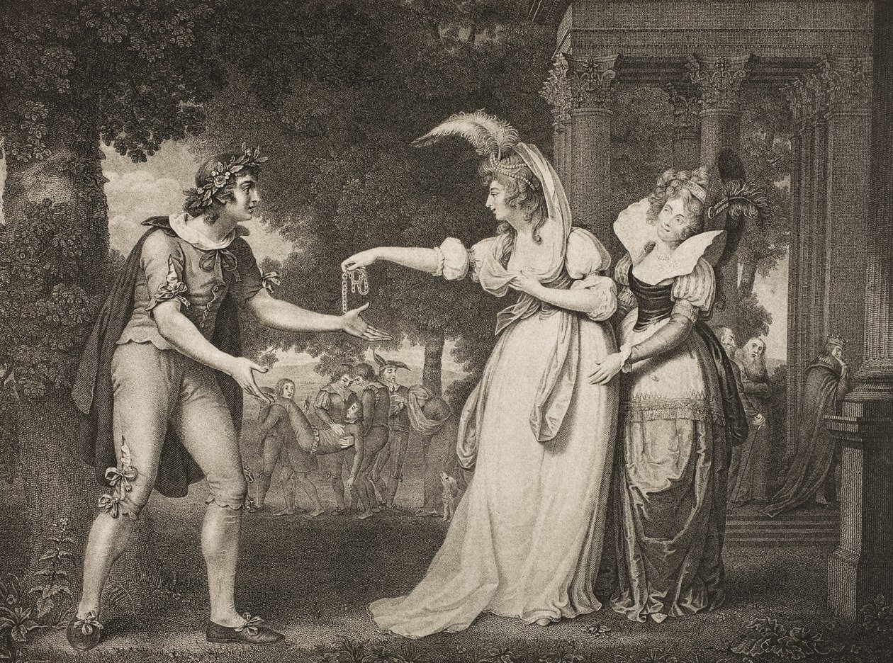 Nurmikko ennen herttuan palatsia, näytös I, kohtaus II, näytelmästä "Kuten haluatte", The Boydell Shakespeare Gallery, julkaistu 1800-luvun lopulla. tekijältä John Downman