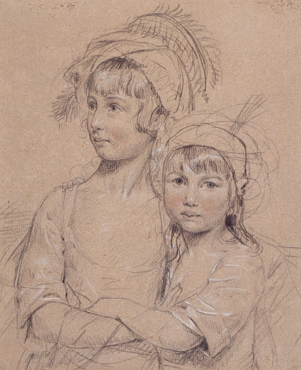Nro 1857 The Misses Rigby, kuuluisan kirurgin (1747-1821) herra Rigbyn (1747-1821) kaksi tytärtä, 1778 (liitu paperille) tekijältä John Downman