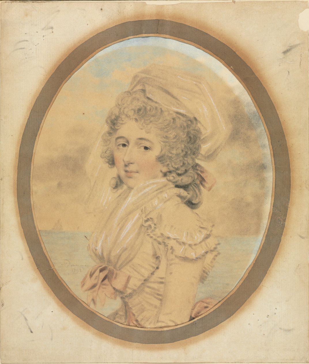Nuori nainen vaaleanpunaisella rusetilla vartalossaan, 1792. tekijältä John Downman