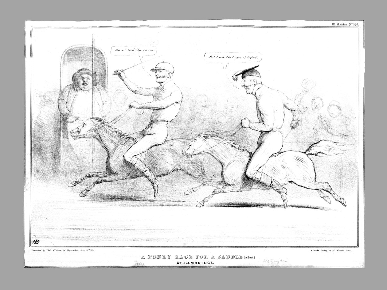 Poney-kilpailu satula-istuimesta Cambridgessa, 1834. tekijältä John Doyle