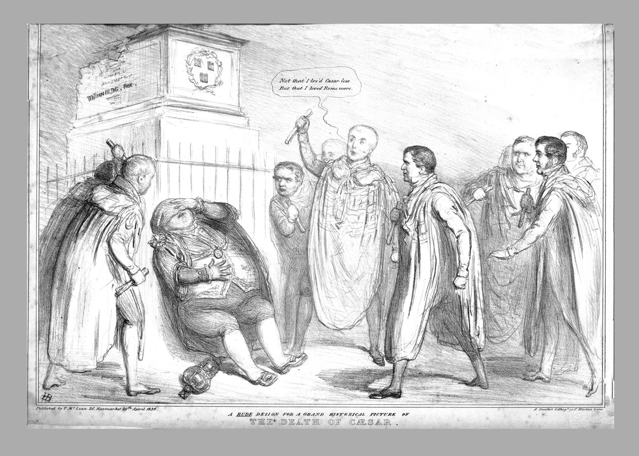 Röyhkeä suunnitelma suurelle historialliselle kuvalle Caesarin kuolemasta, 1836. tekijältä John Doyle