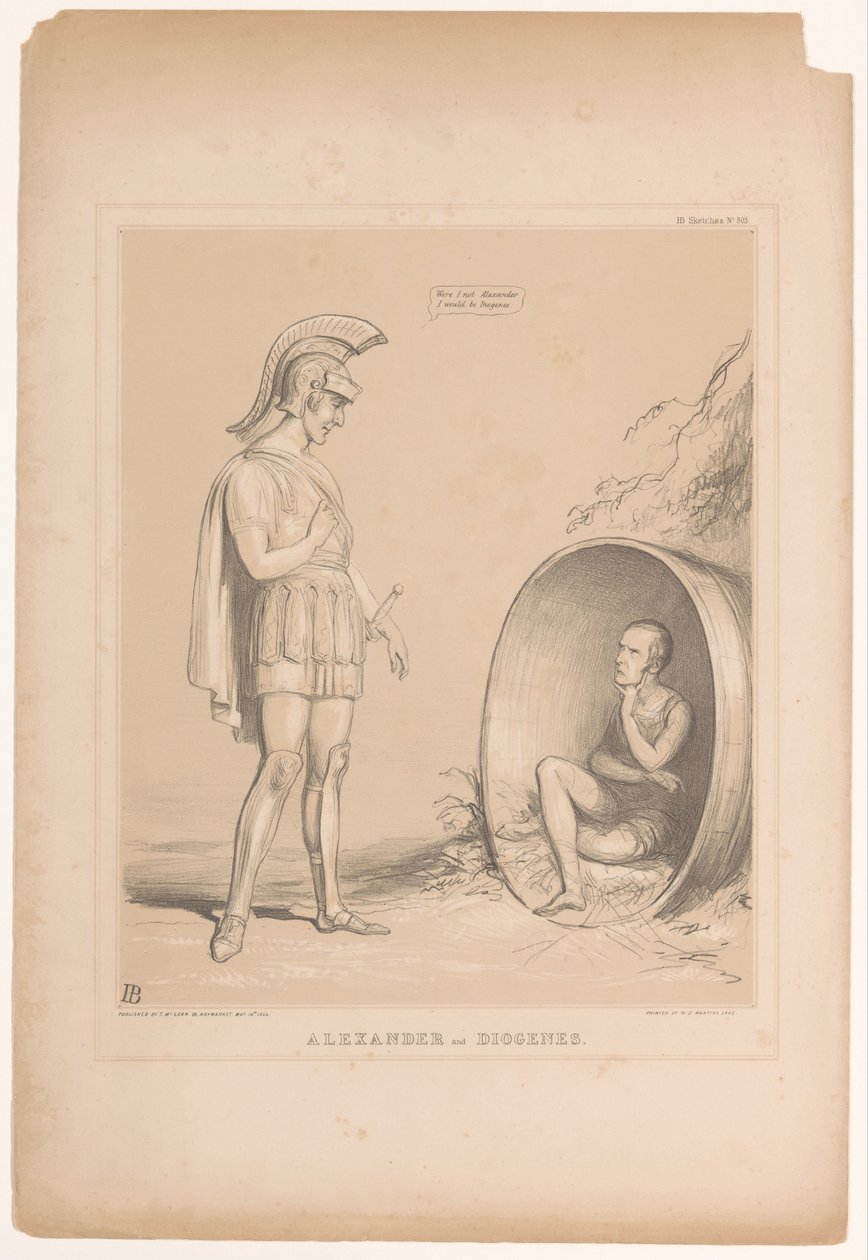 Spotprent tapasi Sir Robert Peelin Aleksanteri ja Diogenes (otsikko esineessä) HB Sketches (sarjan nimi objektissa) tekijältä John Doyle