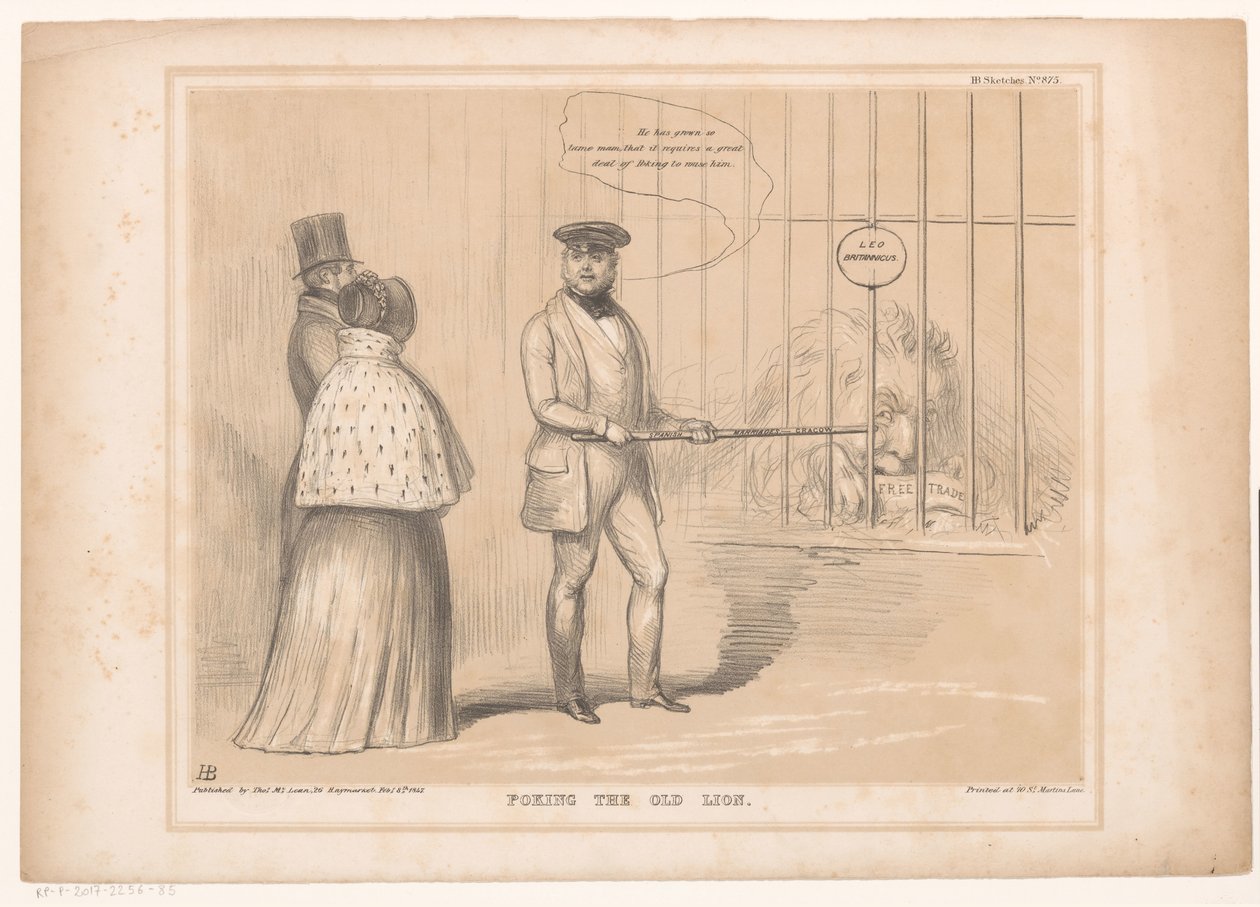 Sarjakuva kuningatar Victorian kanssa leijonan häkissä Vanhan leijonan tönäiseminen (otsikko esineessä) HB Sketches (sarjan otsikko objektissa) tekijältä John Doyle